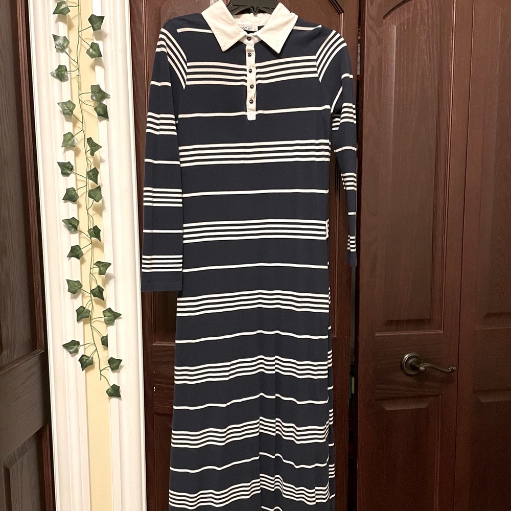 Long Sleeve Navy Blue and White Maxi Dress